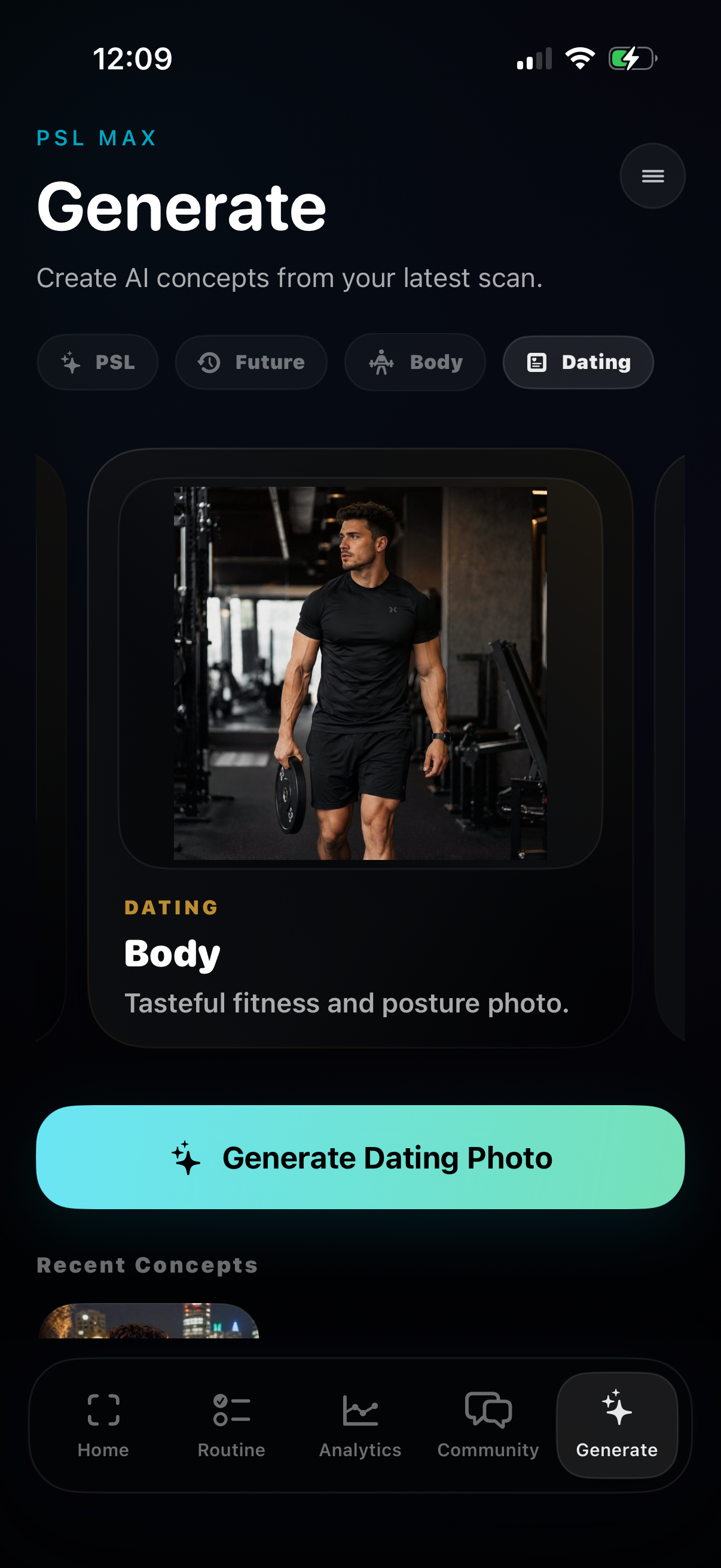 PSL Max Generate screen showing a tasteful fitness and posture photo concept.