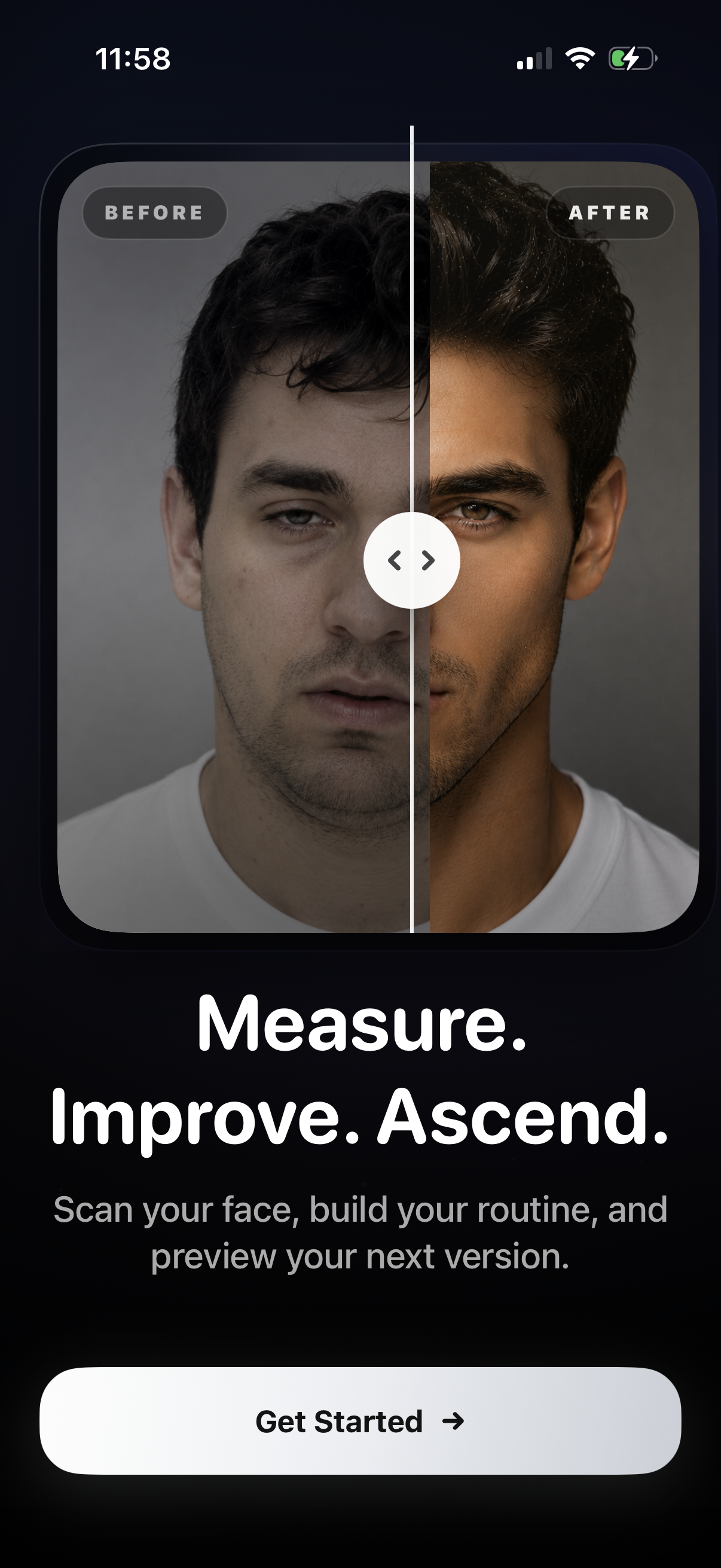 PSL Max onboarding screen with a before and after preview and the headline Measure. Improve. Ascend.